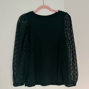 Loft Dark Green Top Sheer Polka Dot Sleeves